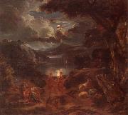 unknow artist A pastoral scene with shepherds and nymphs dancing in the moonlight by the edge of a lake oil on canvas